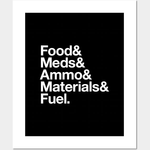 State Of Decay Helvetica Dark: Food Meds Ammo Materials Fuel Wall Art by Vincent Garguilo